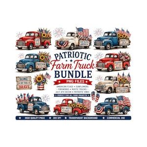 May include: A digital bundle featuring patriotic farm trucks with American flags, sunflowers, and fireworks. The trucks are red, white, and blue, with text that reads "Land of the Free", "Freedom", and "Happy 4th of July!"