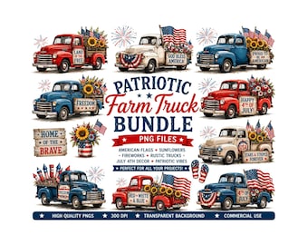 Patriotic Farm Truck Clipart,Bundle 4th of July PNG Watercolor Vintage Trucks,American Flag & Sunflower Graphics |Red White Blue Sublimation