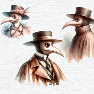 Może przedstawiać: Trzy akwarelowe ilustracje os&oacute;b w maskach lekarza od zarazy. Maski są długie i mają kształt dzioba. Osoby noszą kapelusze i płaszcze. Ilustracje są w odcieniach brązu i beżu.
