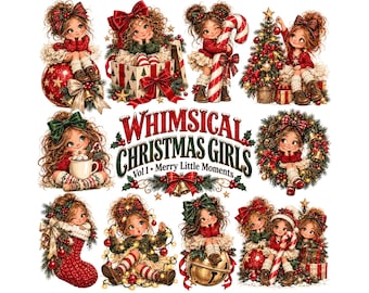 Whimsical Christmas Girls Clipart PNG Bundle | Cute Holiday Graphics for Sublimation, Junk Journals, & Card Making | Merry Little Moments