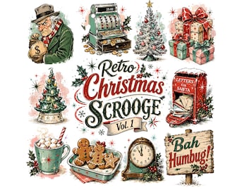 Retro Christmas Scrooge Clipart | Vintage Holiday PNG Bundle | Bah Humbug Illustrations | A Christmas Carol Digital Graphics, Junk Journal