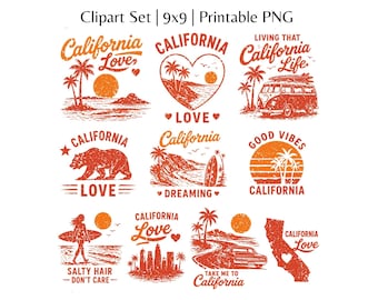 California Clipart Bundle | Retro Surf PNG Graphics | Vintage West Coast Sublimation Designs | Beach Life Digital Stickers | California Love