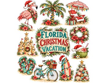 Florida Christmas Vacation Clipart | Tropical Holiday PNG Bundle | Flamingo Beach Christmas Graphics | Coastal Christmas Sublimation Design