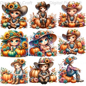 Clipart citrouille, clipart cow-girl, 8 PNG fille couleur turquoise, ferme country western, chemise d'école pour enfants, mug sublimation, gobelet, agenda