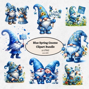 Paquete de imágenes prediseñadas de gnomos de primavera azules, descarga digital, ilustraciones de Nisse escandinavas, PNG de gnomos de jardín, gráficos de decoración de Pascua