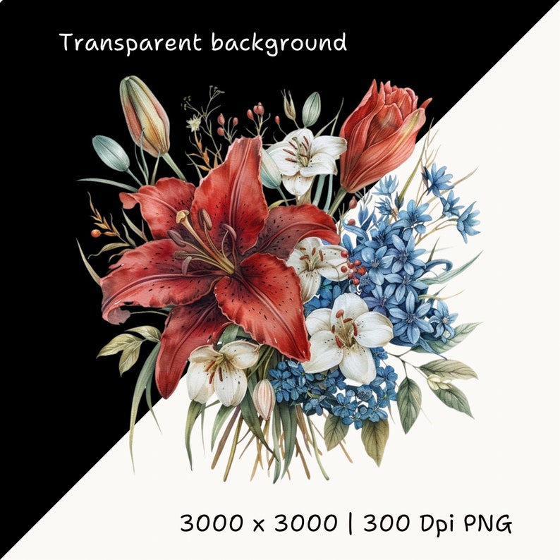 May include: A watercolor painting of a bouquet of flowers. The bouquet includes red lilies, white flowers, and blue flowers. The flowers are arranged in a loose, natural style. The background is a white, transparent background.