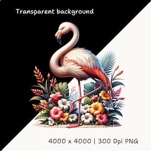 K&ouml;nnte beinhalten: Eine digitale Illustration eines Flamingos mit rosa und wei&szlig;en Federn, der inmitten farbenfroher tropischer Blumen und Bl&auml;tter steht. Der Hintergrund ist diagonal geteilt, mit Schwarz auf der einen und Wei&szlig; auf der anderen Seite. Der Text oben lautet "Transparent background".