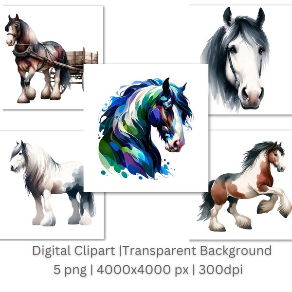 Shire Horse Clipart | Majestic Shire Horse Clipart Bundle | 5 PNG High-Quality Images | Equestrian Art | Printables | Commercial Use