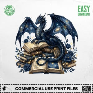 Blue Dragon on Books Digital Art PNG, Fantasy Creature Illustration, Instant Download, Commercial Use, Mystical Decor Graphic Design