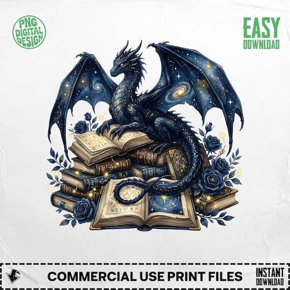 Celestial Dragon Clipart, Galaxy Dragon on Books, Fantasy Dragon png, Mystical Creature Art, Dragon Lover Gift, Instant Download