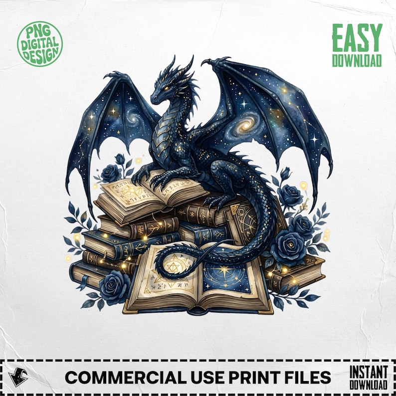 Blue Dragon on Books Digital Art PNG, Fantasy Creature Illustration, Instant Download, Commercial Use, Mystical Decor Graphic Design