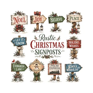 May include: A collection of ten decorative Christmas signposts featuring festive text including Noel, Joy, Believe, Peace, Let It Snow, Holiday Wishes, Evergreen Lane, Snowman Crossing, Polar Express, and Winter Wonderland with holiday accents.
