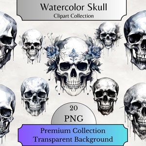 Set of 20, Watercolor Black & White Skull, Black and White Skull Clip Art PNG, Gothic Clipart, Fantasy Clipart, Wiccan Clipart, Skull Png