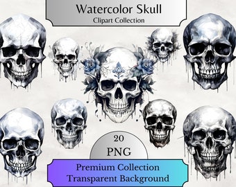 Set of 20, Watercolor Black & White Skull, Black and White Skull Clip Art PNG, Gothic Clipart, Fantasy Clipart, Wiccan Clipart, Skull Png