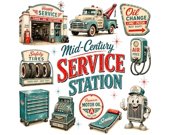 Vintage Service Station Clipart Bundle | Retro 1950s Gas Station Graphics | Mid-Century Modern Garage Art | Automotive Digital Download