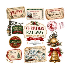 Juljärnväg Clipart-paket | Nordpolexpressen PNG | Vintage tågbiljetter Ephemera | Polarexpressen Believe Ticket | Skräpjournal