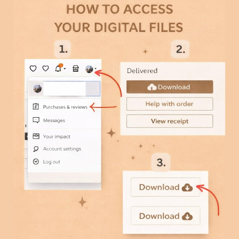 May include: A step-by-step guide on how to access digital files, with numbered instructions and arrows. The guide shows screenshots of a website, with the text "HOW TO ACCESS YOUR DIGITAL FILES" at the top.