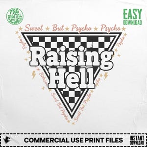 Raising Hell Sweet But Psycho PNG, Vintage Checkered Flag Design, Retro Sublimation Download, Western Grunge Graphic, Bad Girl Vibes