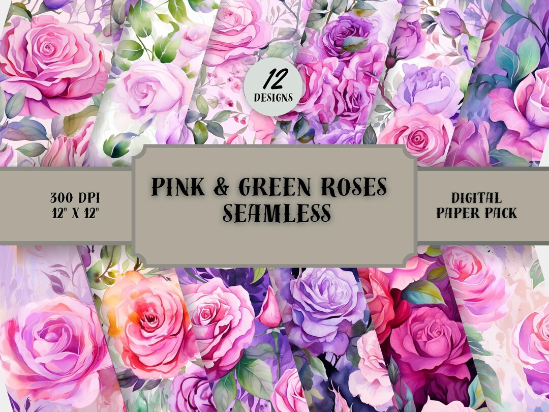 Pink and Green Floral Digital Paper - SEAMLESS - Pink Green Watercolor ...