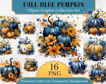 Watercolor blue pumpkin clipart, Halloween pumpkin clipart, high resolution pumpkins, printables, commercial use, fall cottagecore clipart