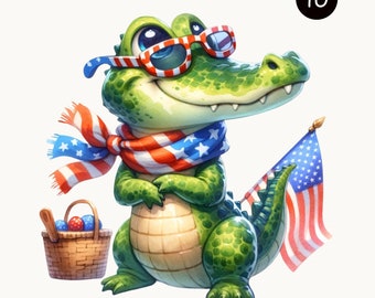 Patriotic Alligator Clipart, Memorial Day Celebration, Kids Card Art,USA Flag Design, Digital Download, Watercolor Animal PNG,Commercial Use