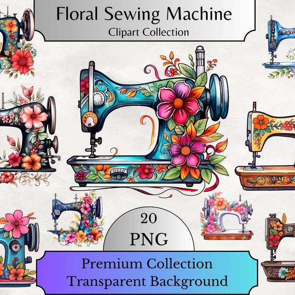 Watercolor Floral Sewing Machine 20 PNG, Floral Sewing Machine Clipart, Quilting Clipart, Sewing Clipart, Vintage Png, Digital Png