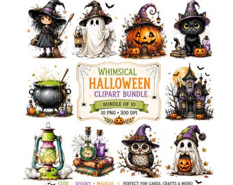 Whimsical Halloween Clipart Bundle | Cute Spooky PNG Graphics | Watercolor Witch, Ghost, Black Cat, Haunted House | Digital Download 300 DPI