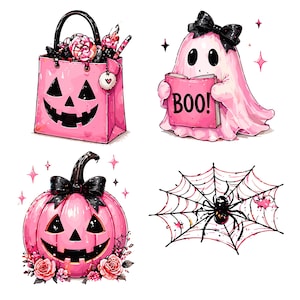 Może przedstawiać: Zbi&oacute;r r&oacute;żowych ilustracji o tematyce Halloween. Zawiera torbę w kształcie dyni wypełnioną słodyczami, ducha trzymającego książkę z napisem "BOO!", dynię z czarną kokardą i pajęczynę z pająkiem.