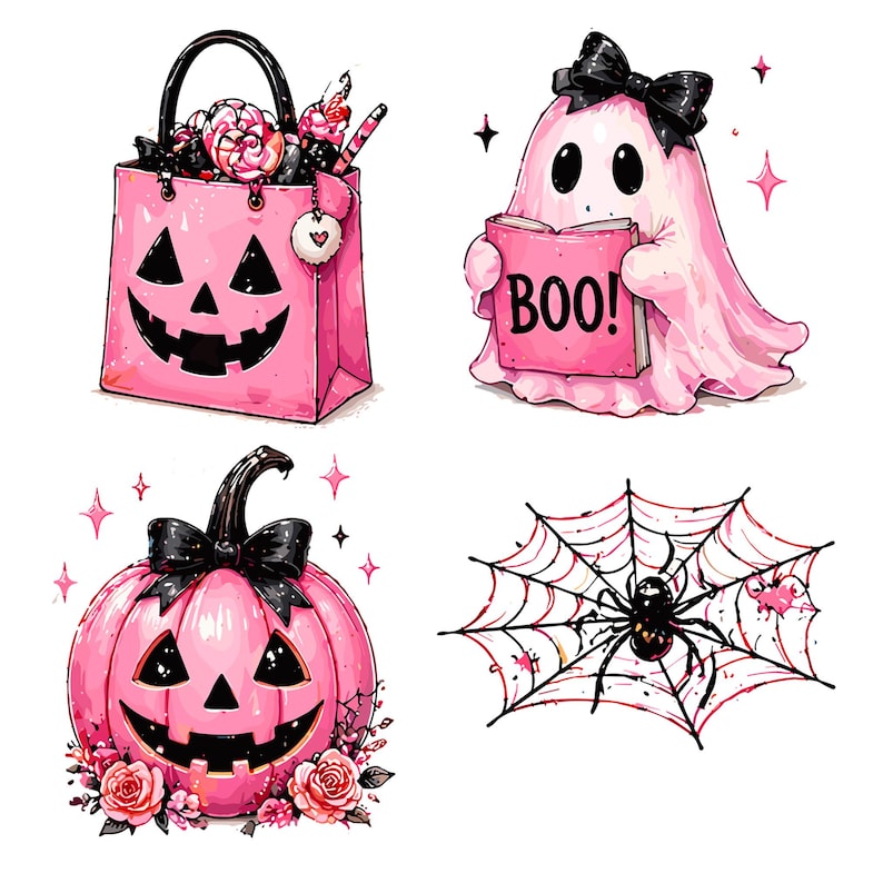Może przedstawiać: Zbi&oacute;r r&oacute;żowych ilustracji o tematyce Halloween. Zawiera torbę w kształcie dyni wypełnioną słodyczami, ducha trzymającego książkę z napisem "BOO!", dynię z czarną kokardą i pajęczynę z pająkiem.