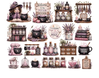 Kitchen Witch Clipart Bundle | Pastel Magic Potion Bottles & Cauldron Graphics | Cozy Aesthetic Witchy PNG for Junk Journals |  Stickers