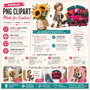 May include: A promotional graphic for PNG clipart, featuring a sunflower arrangement in a mason jar, a girl with a rooster, and a pink truck. The text highlights high-quality, unique, and versatile designs, perfect for sublimation, stickers, and more. The image is 3000 x 3000 pixels (9 x 9 inches).