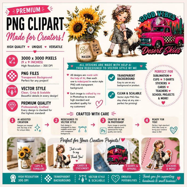 May include: A promotional graphic for PNG clipart, featuring a sunflower arrangement in a mason jar, a girl with a rooster, and a pink truck. The text highlights high-quality, unique, and versatile designs, perfect for sublimation, stickers, and more. The image is 3000 x 3000 pixels (9 x 9 inches).