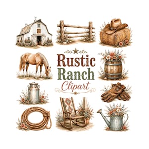 Pacchetto di clipart rustiche da ranch / Cowboy western PNG, grafica di fattoria ad acquerello, illustrazioni di cavalli e fienile, clipart estetica country