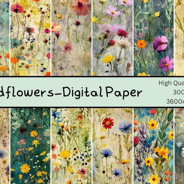 Watercolor Wildflowers Digital Paper, pack2, Spring Flowers Junk Journal Paper, Printable Spring Meadow, Digital Scrapbooking