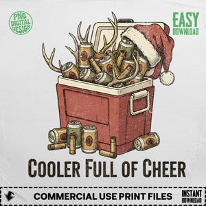 Op de afbeelding: Een rode koelbox vol bierblikjes, geweien en een kerstmuts. De tekst "COOLER FULL OF CHEER" staat eronder. De afbeelding heeft een vintage, distressed look, wat wijst op een vakantie- of seizoensgebonden thema.