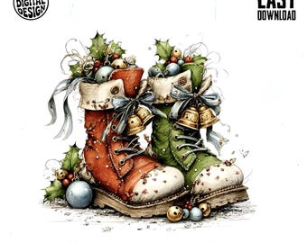 Botas de Natal Jpg Clipart, Ilustração de Natal, Decoração de Natal, Botas Festivas, Arte de Natal, Download Digital, Uso Comercial