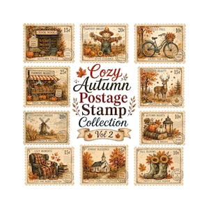 May include: A collection of ten decorative postage stamp designs featuring autumn themes like a book nook, scarecrow, bicycle, farmers market, deer, windmill, lantern, armchair, church, and boots, with the text Cozy Autumn Postage Stamp Collection Vol 2.