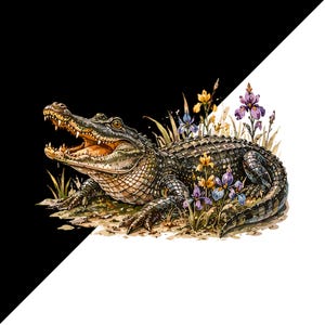 May include: A detailed illustration of an alligator with its mouth open, showing sharp teeth. The reptile is positioned among tall green grasses and colorful purple and yellow iris flowers. The background is split diagonally between black and white.