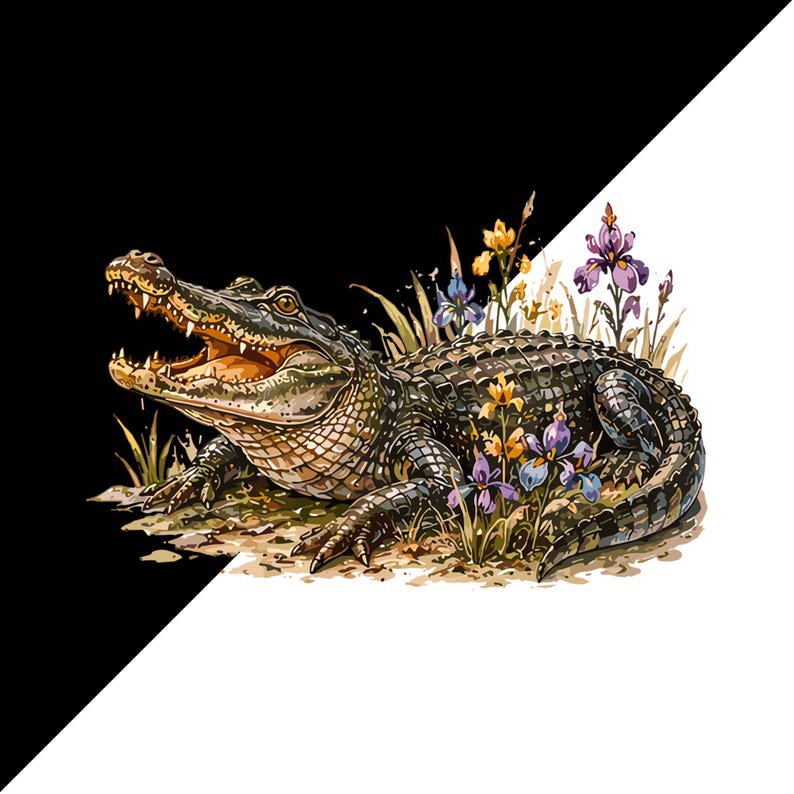 May include: A detailed illustration of an alligator with its mouth open, showing sharp teeth. The reptile is positioned among tall green grasses and colorful purple and yellow iris flowers. The background is split diagonally between black and white.
