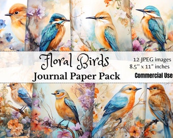 12 Junk Journal Paper | Watercolor Floral Birds | Junk Journal Supplies | Printable Papers | Journal Pages | Scrapbooking | Digital Kit