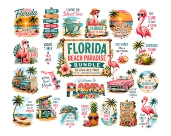 Florida Beach Paradise Clipart Bundle | 20 Tropical PNG Graphics | Summer Sublimation Designs | Flamingo, Palm Tree, Retro Beach Vacay Art