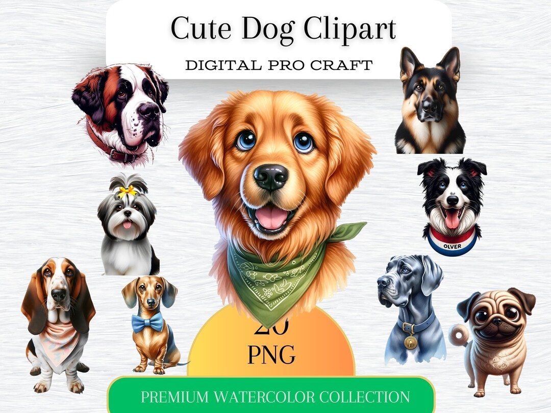 Watercolor Cute Dogs Clipart Bundle, 20 Dog Breeds PNG Images, Dog ...