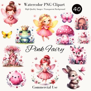 Clipart z akwarelową wróżką – różowa wróżka PNG, ogród wróżek, grzyb, jednorożec, króliczek, jeleń, kwiatowa magiczna sztuka przedszkola, pobieranie cyfrowe