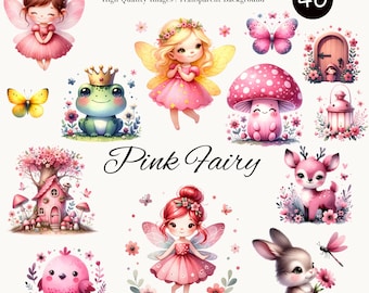 Watercolor Fairy Clipart – Pink Fairy PNG, Fairy Garden, Mushroom, Unicorn, Bunny, Deer, Floral Magical Nursery Clipa Art, Digital Download