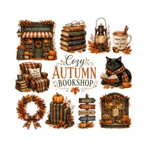 Peut inclure: Une collection d'illustrations sur le thème de l'automne comprenant une devanture de librairie, une pile de livres avec des lunettes, une lanterne, une tasse marquée WARM CIDER & GOOD BOOKS, un fauteuil à carreaux, un chat lisant et des panneaux.