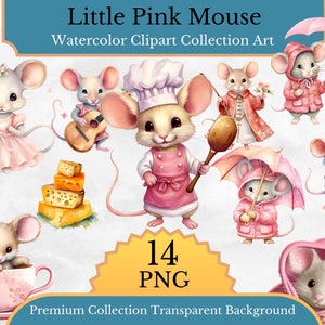 Clipart de Ratoncito Rosa en Acuarela - Ratoncitos de Cuento de Hadas. 12 imágenes PNG para descargar para hacer tarjetas, álbumes de recortes, diarios basura y manualidades con papel.
