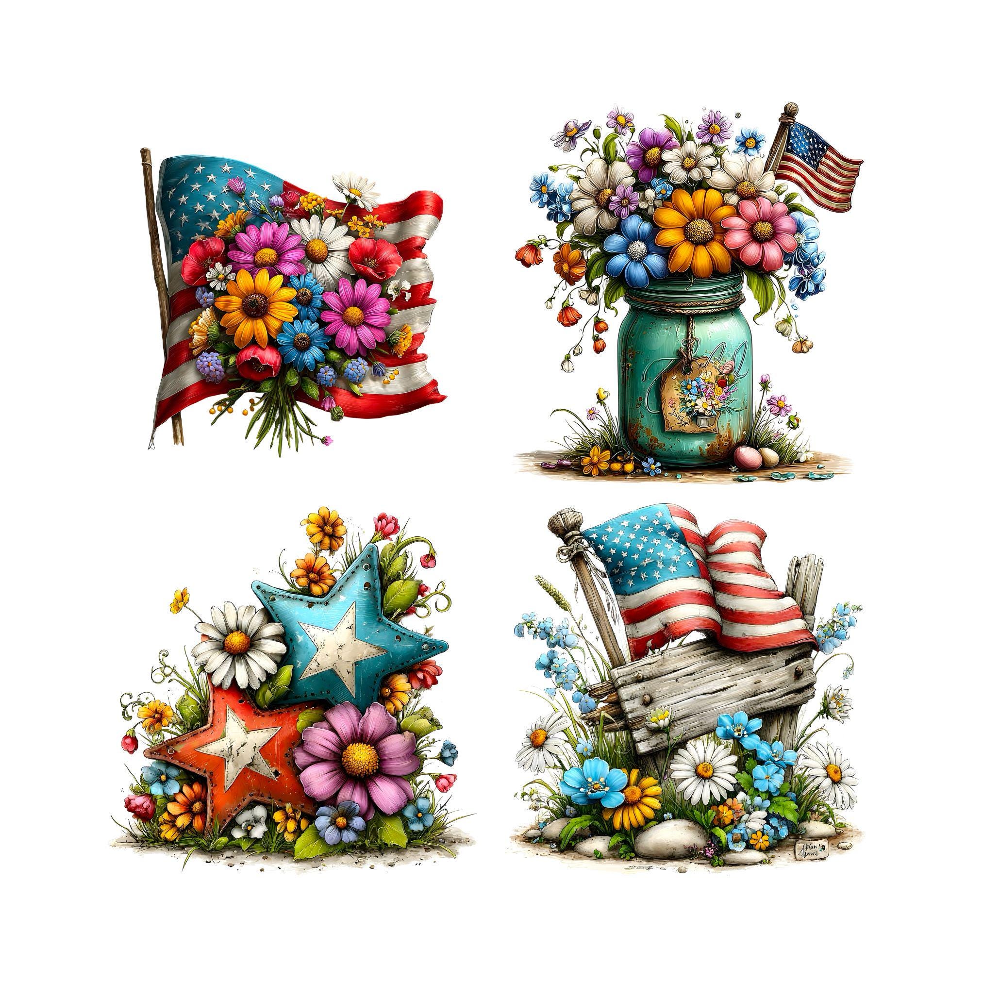 Patriotic Floral Clipart Bundle | 4th of July PNG | American Flag Mason ...