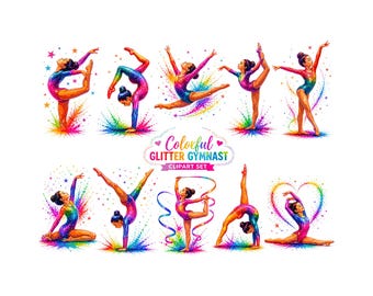 Glitter Gymnast Clipart Bundle | Regenbogen Gymnastik PNG | Bunte Sportgrafiken für Sublimation, Einladungen und Kunsthandwerk | Digitaler Download