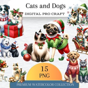 Christmas Cats and Dogs Watercolor Clipart Bundle-PNG Festive Dog Images,Cozy Holiday Pup Graphics,Instant Digital Download,Commercial Use