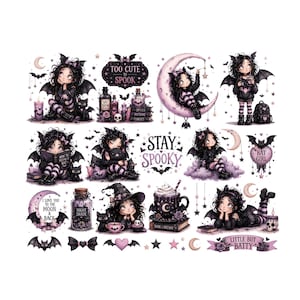 May include: A set of watercolour illustrations with a gothic theme. The images feature bat-winged girls, bats, moons, potion bottles, and text that reads "Too Cute to Spook" and "Stay Spooky". The colour palette is predominantly purple and black.